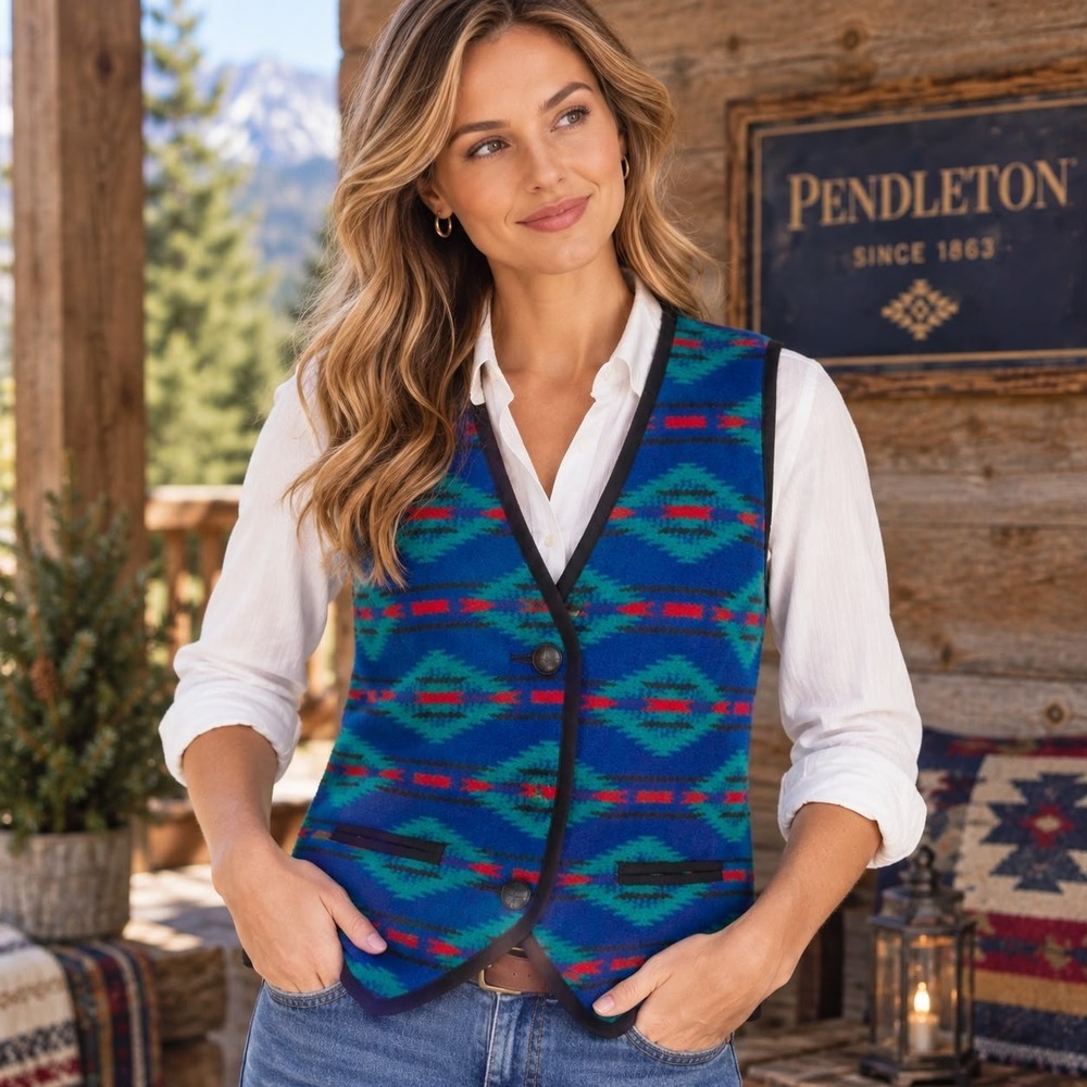 PENDLETON Woolen Mills Women 6 Vest Blue Aztec WOOL COTTON VINTAGE USA Made 80's
